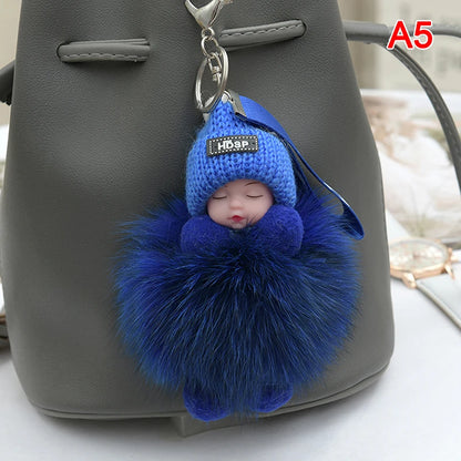 Cute Pompom Sleeping Baby Keychain - Fluffy Plush Doll Bag Charm, Key Ring & Gift for Women and Girls