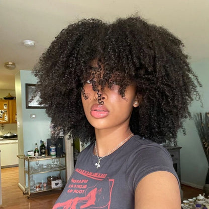 Mongolian Afro Kinky Curly Wig with Bangs – Glueless Remy Brazilian Short Curly Human Hair Wig