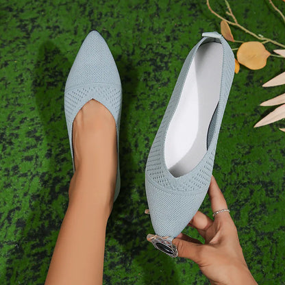 Women’s Pointed Toe Flat Shoes – Solid Color Knitted Slip-On Ballet Loafers, Casual & Breathable Ladies Shoes