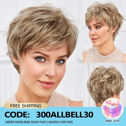Light Blonde Mixed Off-White Pixie Cut Wig for Women – Bangs with Kanekalon Human-Hair-Like Texture, Natural Layered Hair
