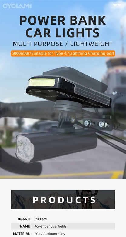 CYCLAMI Bicycle Headlight 5000mAh – Ultralight Rechargeable Front Bike Light for Garmin XOSS Bryton IGS