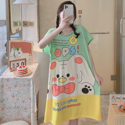 Girls’ Summer & Autumn Cartoon Nightdress – Cute Short-Sleeved Pajama Dress, Comfortable Homewear, Polyester Sleepwear