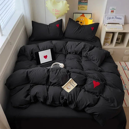 Washed Cotton Bedding Set - Soft Cool Duvet Cover, Bed Sheet & Heart-Shaped Towel Set