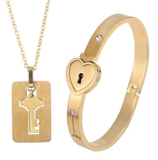 Couple Stainless Steel Love Lock Bracelet with Key Pendant Necklace – Romantic Jewelry Gift for Men and Women