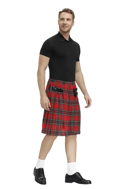 Scottish Men's Traditional Kilt - Highland Tartan Pleated Kilt with Bilateral Belt for Males