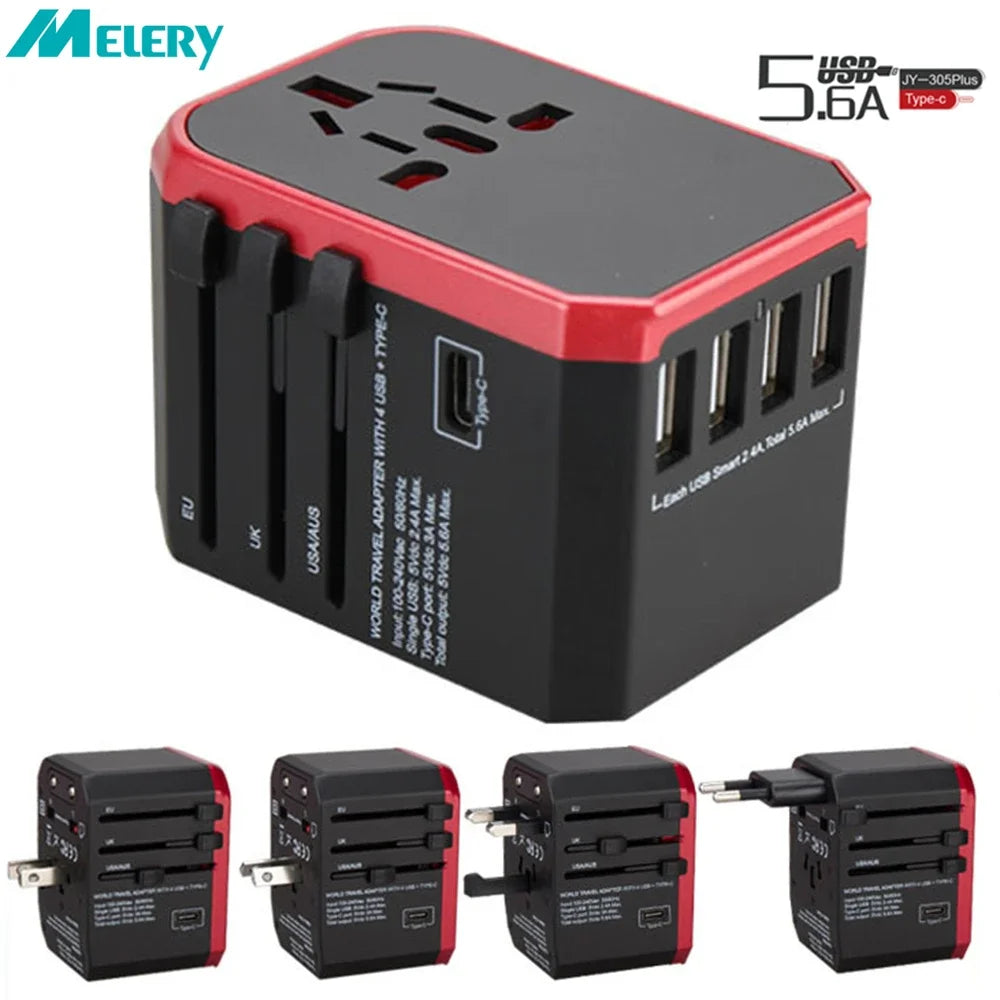 Melery Travel Smart Adapter – International Wall Plug with USB Type-C Charger for US, EU, UK, AU Compatible with iPhone, iPad & Android