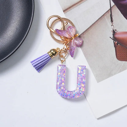 A-Z Initial Letter Sequin Keychain - Purple Butterfly Tassel Resin Keyring Backpack Charm Gift