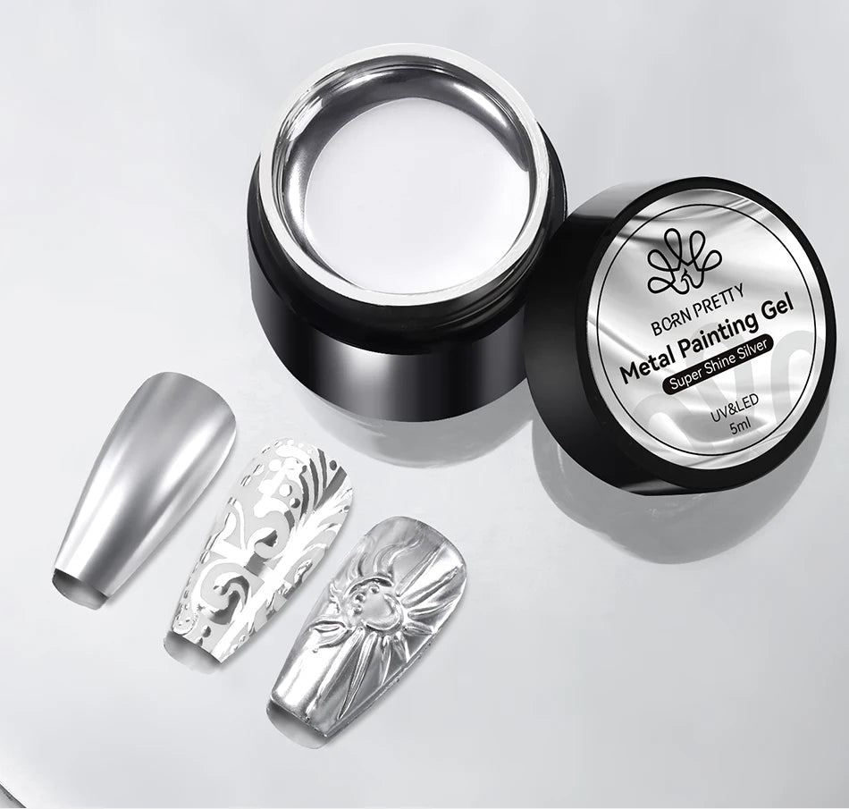 BORN PRETTY 5ML Super Silver Metallic Gel Nail Polish - Mirror Chrome Effect, Semi-Permanent Metal Painting Gel for DIY Nails