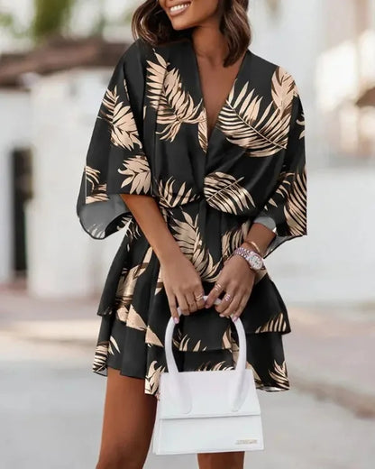 Women’s Sexy V-Neck Ruffle Mini Dress – Summer Boho Floral Batwing Sleeve Beach Party Dress