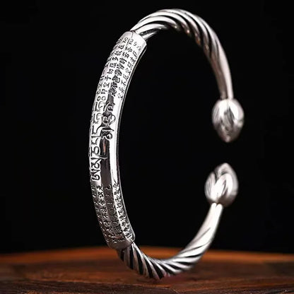 Retro Tibetan Six-Character Mantra Bracelet — Silver Plated Lotus Cuff for Men