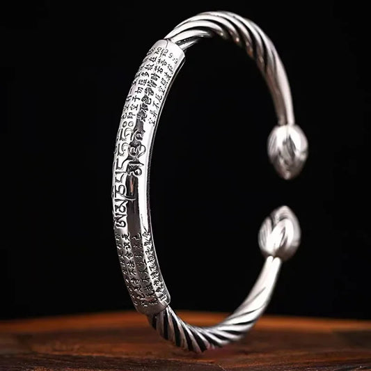 Retro Tibetan Six-Character Mantra Bracelet — Silver Plated Lotus Cuff for Men