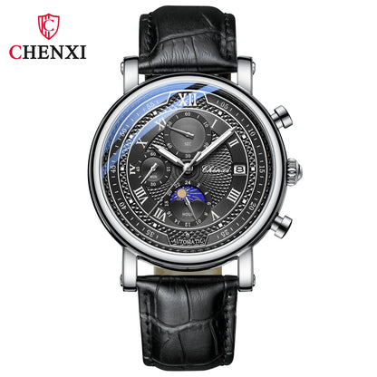 Chenxi 976 Men’s Leather Chronograph Watch – Phase of the Moon, Luminous Quartz Date Timepiece, Business Reloj para Hombres