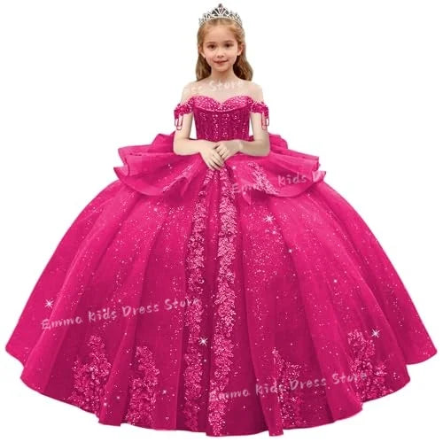 Lace Flower Girl Dress - 3D Floral Appliqué, Beading & Long Bow Ball Gown
