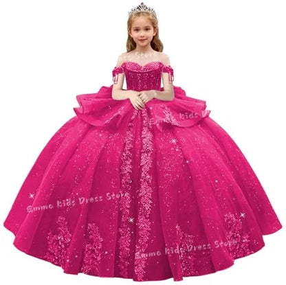 Lace Flower Girl Dress - 3D Floral Appliqué, Beading & Long Bow Ball Gown