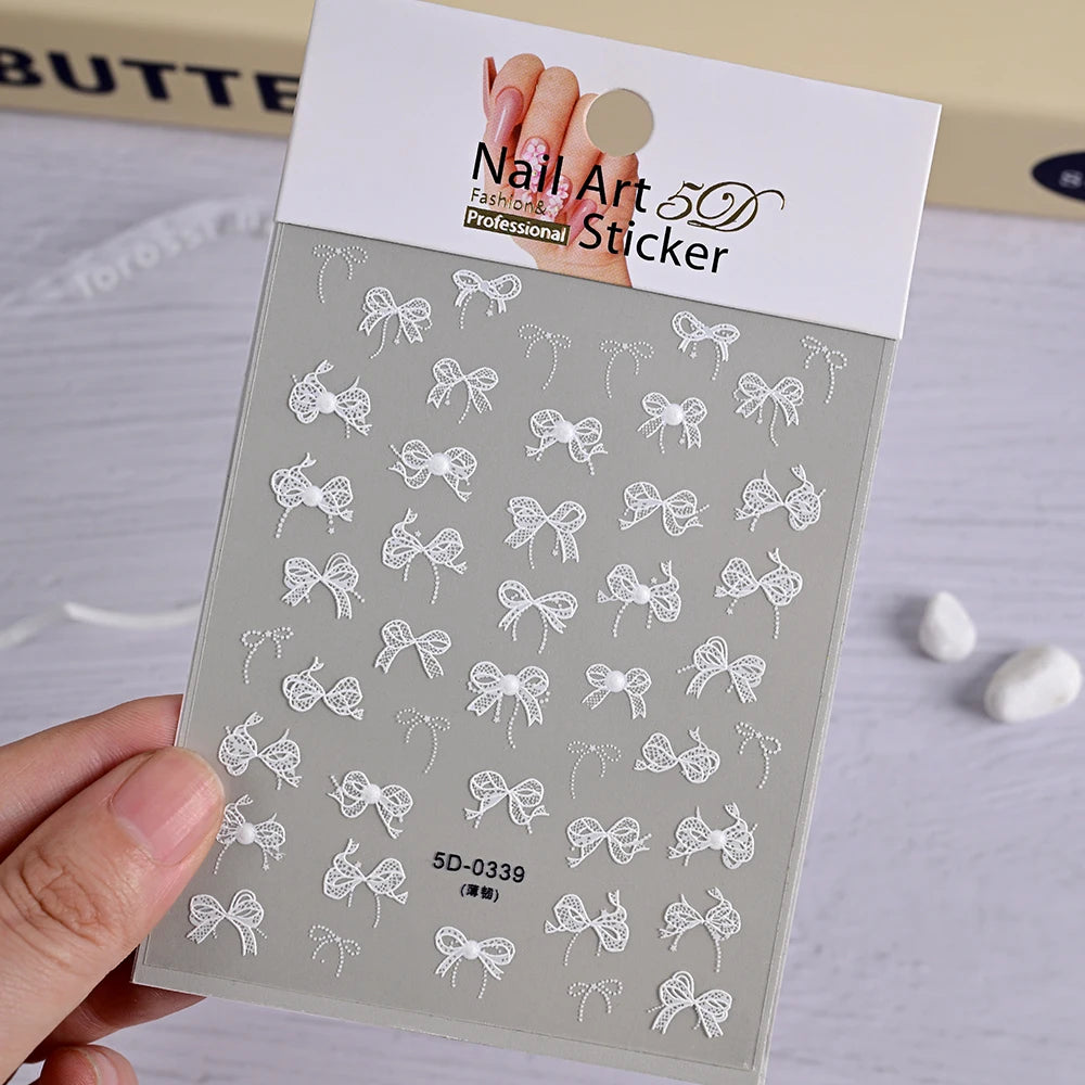 5D Pink & White Bowknot Nail Stickers – Self-Adhesive Kawaii Ribbon Nail Art Decals for DIY Manicure & Nail Decoration