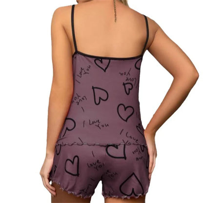 Women’s Heart Print Silk Pajama Set - Sexy Pleated Vest Top & Shorts Soft Cute Home Wear
