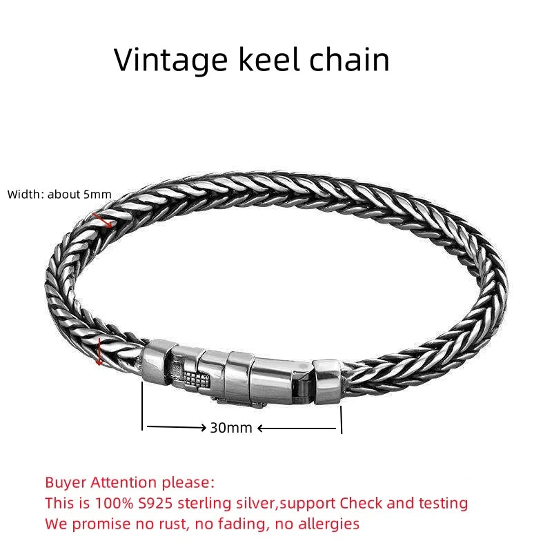 100% S925 Sterling Silver Handmade Woven Bracelet — Retro Domineering Style for Men & Women, Pure Silver Jewelry