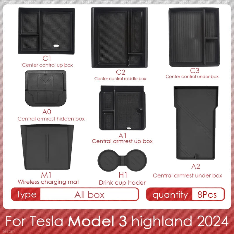 Tesla Model 3 Highland 2024 Center Console Storage Box – Armrest Organizer Accessory for Model 3 Stowing & Tidying