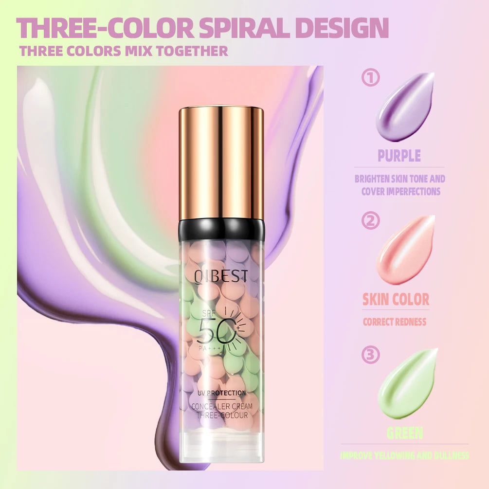 Qibest 3-Color Press Cream Concealer – Brightening Liquid Face Primer & Makeup Base, Full Coverage Facial Concealer for Flawless Skin