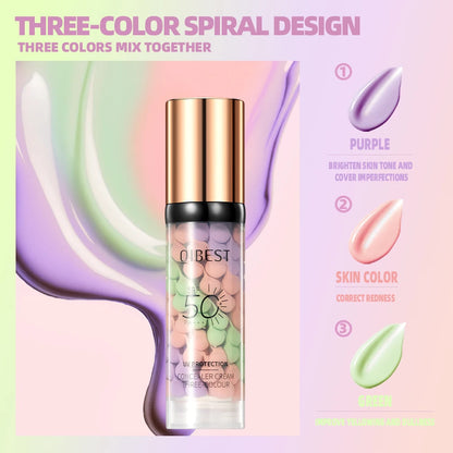 Qibest 3-Color Press Cream Concealer – Brightening Liquid Face Primer & Makeup Base, Full Coverage Facial Concealer for Flawless Skin
