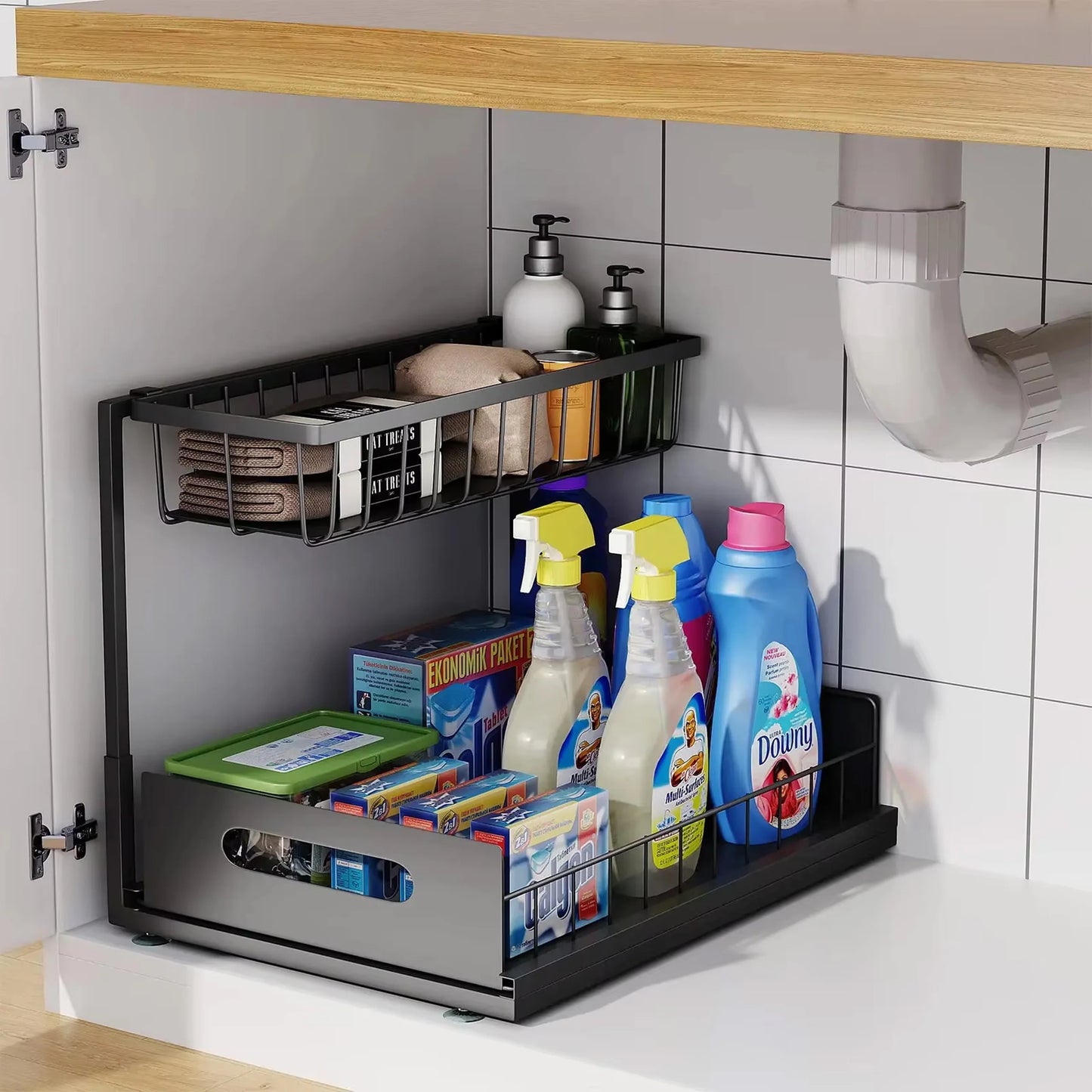 Under Sink 2-Tier Sliding Cabinet Organizer — Pull-Out Basket Drawer for Bathroom & Kitchen Storage