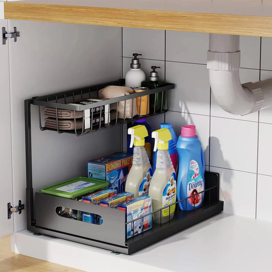Under Sink 2-Tier Sliding Cabinet Organizer — Pull-Out Basket Drawer for Bathroom & Kitchen Storage