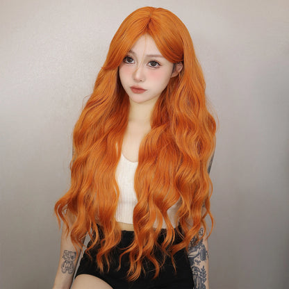 Long Orange Water Wave Wig for Women — Synthetic Wavy Hair with Bangs, Heat-Resistant for Cosplay & Party