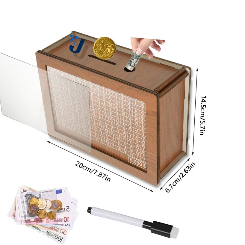 Wooden Money Box Piggy Bank – Cash Saving Treasure Coin Case for 1000/5000/10000 Euro – Encourages Saving Habit