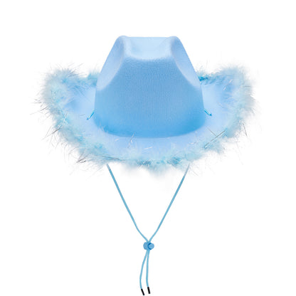 Women's Cowboy Hat – Wide Brim Solid Color with Furry Trim for Parties & Outings