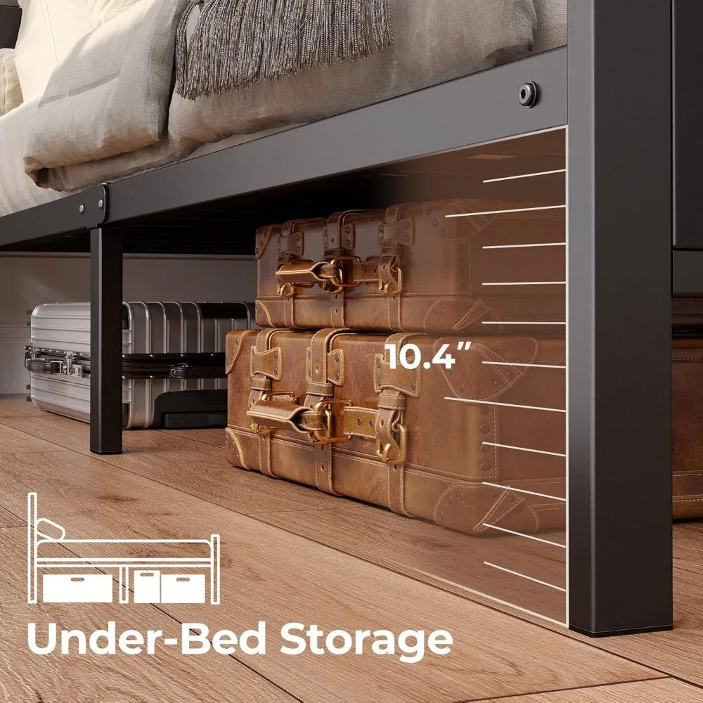 Rolanstar Full Size Metal Bed Frame with LED Headboard, Bookcase Storage, Charging Station & Glass Shelf