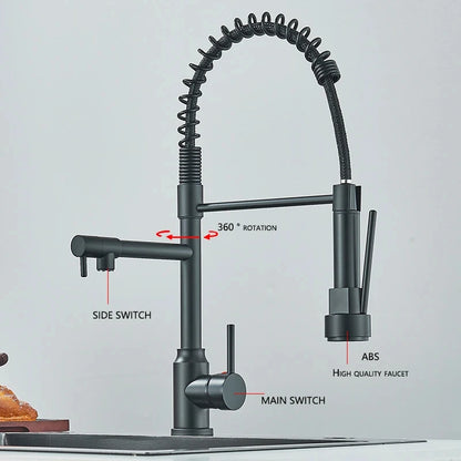 Black Kitchen Sink Faucet - Pull-Down Hot & Cold Water Mixer, 2-Mode Tap with Dual Spout, 360° Rotation, Flexible Deck Mounted