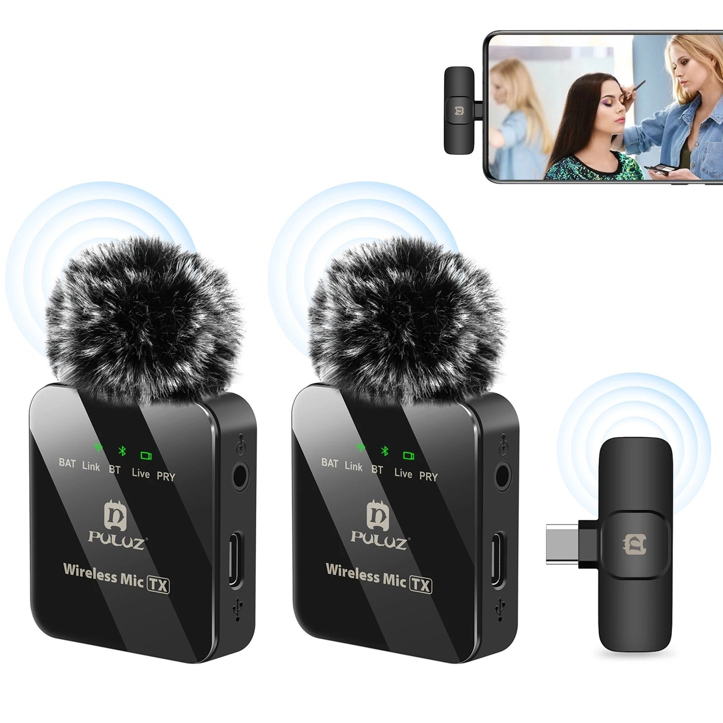 PULUZ Wireless Lavalier Microphone – Dual Mics with 8-Pin & Type-C Receiver for iPhone, iPad, & Android