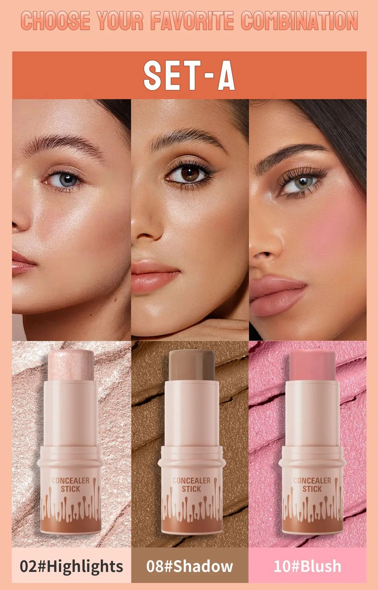 Hellokiss Multifunctional Grooming Stick 3-Piece Set – 3D Modification, Highlight & Brightening Blush Stick