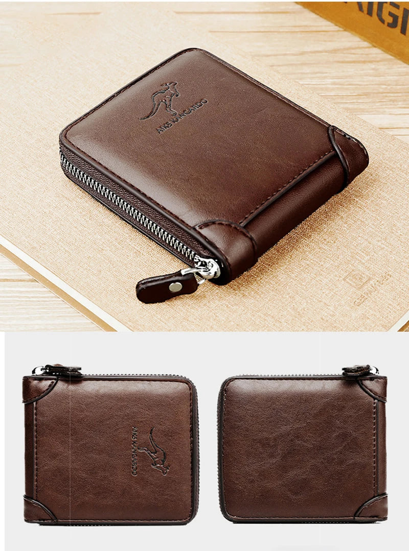 Luxury Leather Men's Wallet – RFID Zipper Card Holder with Coin Pocket, Perfect Gift for Men