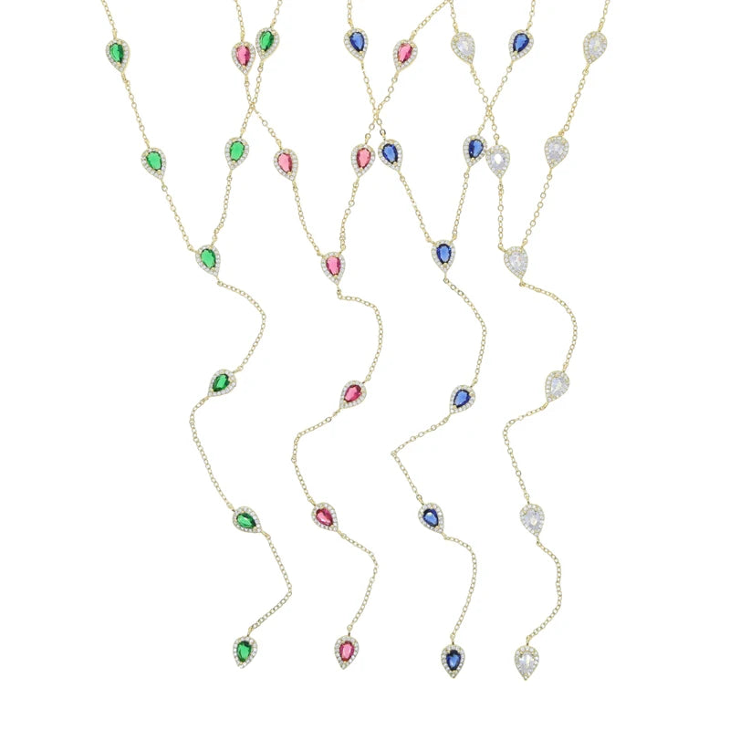 2023 Gold Plated Y Lariat Necklace - Colorful CZ Teardrop Pendant Geometric Jewelry for Women