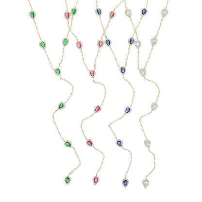 2023 Gold Plated Y Lariat Necklace - Colorful CZ Teardrop Pendant Geometric Jewelry for Women