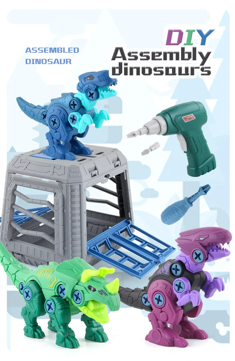 DIY T-Rex Dinosaur Building Blocks Toy – Assembled Model with Mini Electric Drill for Kids