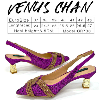 Venus Chan Women’s Champagne Shoe & Bag Set - Rhinestone Heels and Handbag for Nigerian Parties & Weddings
