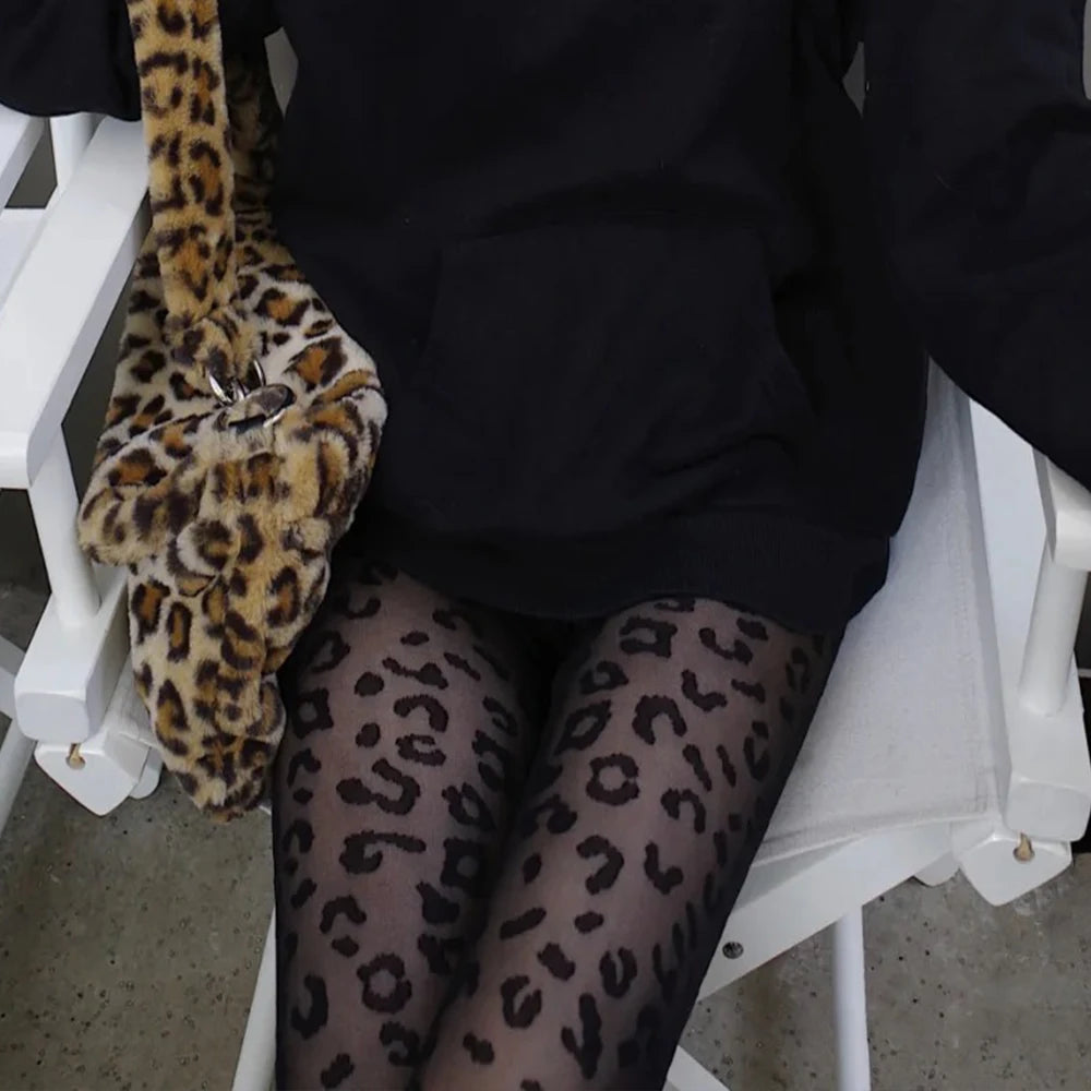 Women’s Sexy Sheer Pantyhose – Thin Transparent Gothic Black Leopard Pattern Tights, Seamless Vintage Stockings
