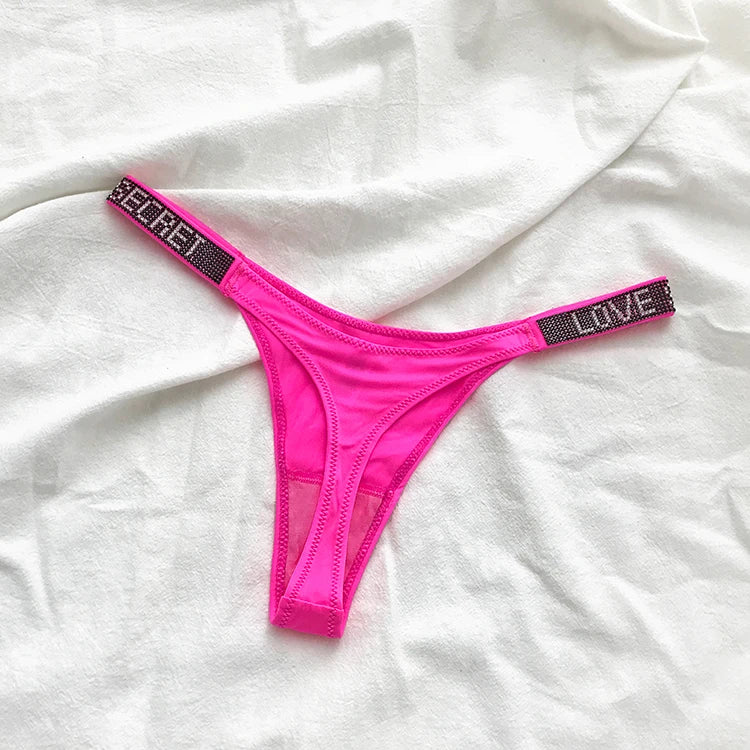 Women’s Sexy Rhinestone G-String Thong – Low Waist T-Back Sports Panties, Diamond Letter Design, Sizes S–XL