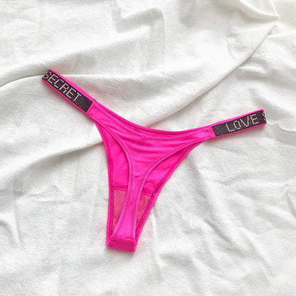 Women’s Sexy Rhinestone G-String Thong – Low Waist T-Back Sports Panties, Diamond Letter Design, Sizes S–XL