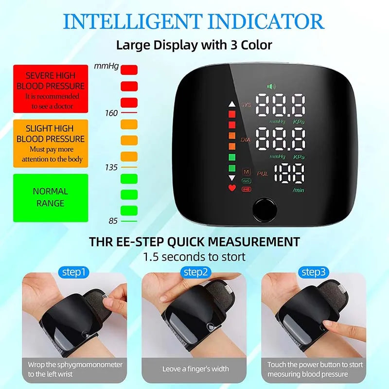 LED Rechargeable Wrist Blood Pressure Monitor – English, Russian, Portuguese, Spanish Voice Broadcast Tonometer