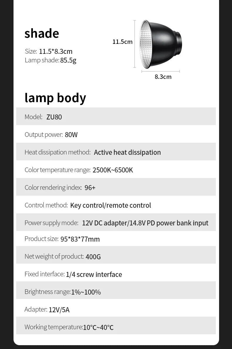 80W Dual Color Temperature COB Photography Light - Professional LED Video Light, Portable Handheld Fill Light with Mini Bowens