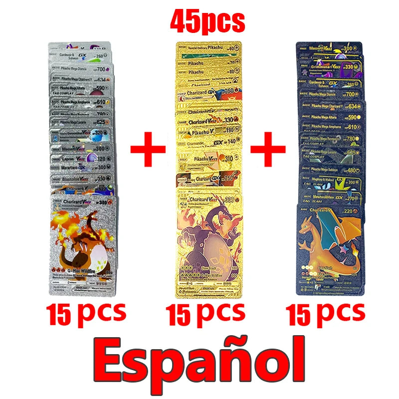 Pokemon Rainbow Gold & Silver VMAX GX Cards – Collectible Battle Trainer Cards in Spanish, English & French, Kids Toy Christmas Gift