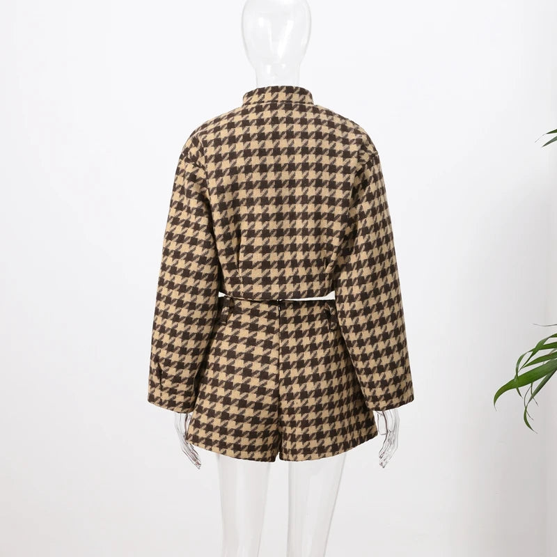Elegant Plaid Women’s Set – Casual Full-Sleeve Zipper Jacket & High-Waist Shorts, 2025 Spring Office Outfit