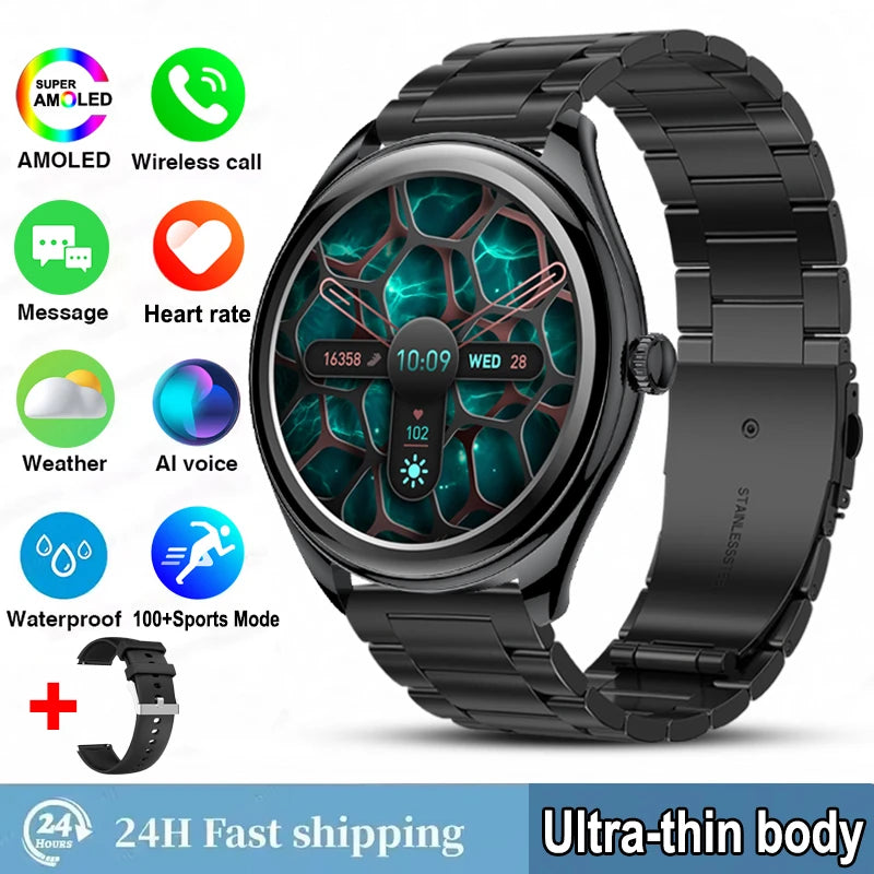 Ultra-Thin AMOLED Smartwatch for Men - 3D Display, Fitness Tracking, Heart Rate, Bluetooth Calls & Waterproof Design