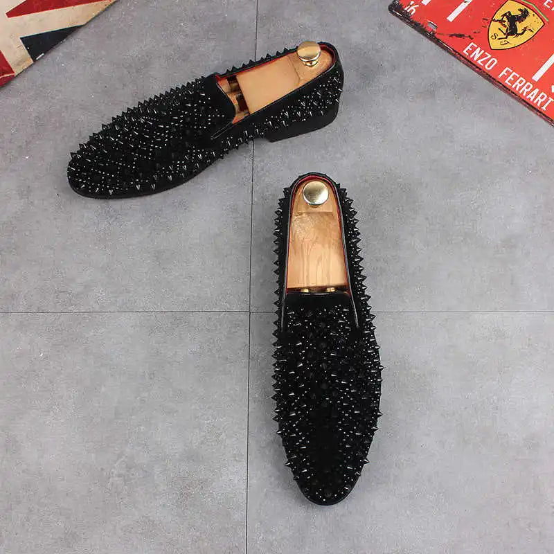 Men’s Luxury Rhinestone Loafers - Rivet Patchwork Casual Wedding, Prom and Formal Dress Shoes