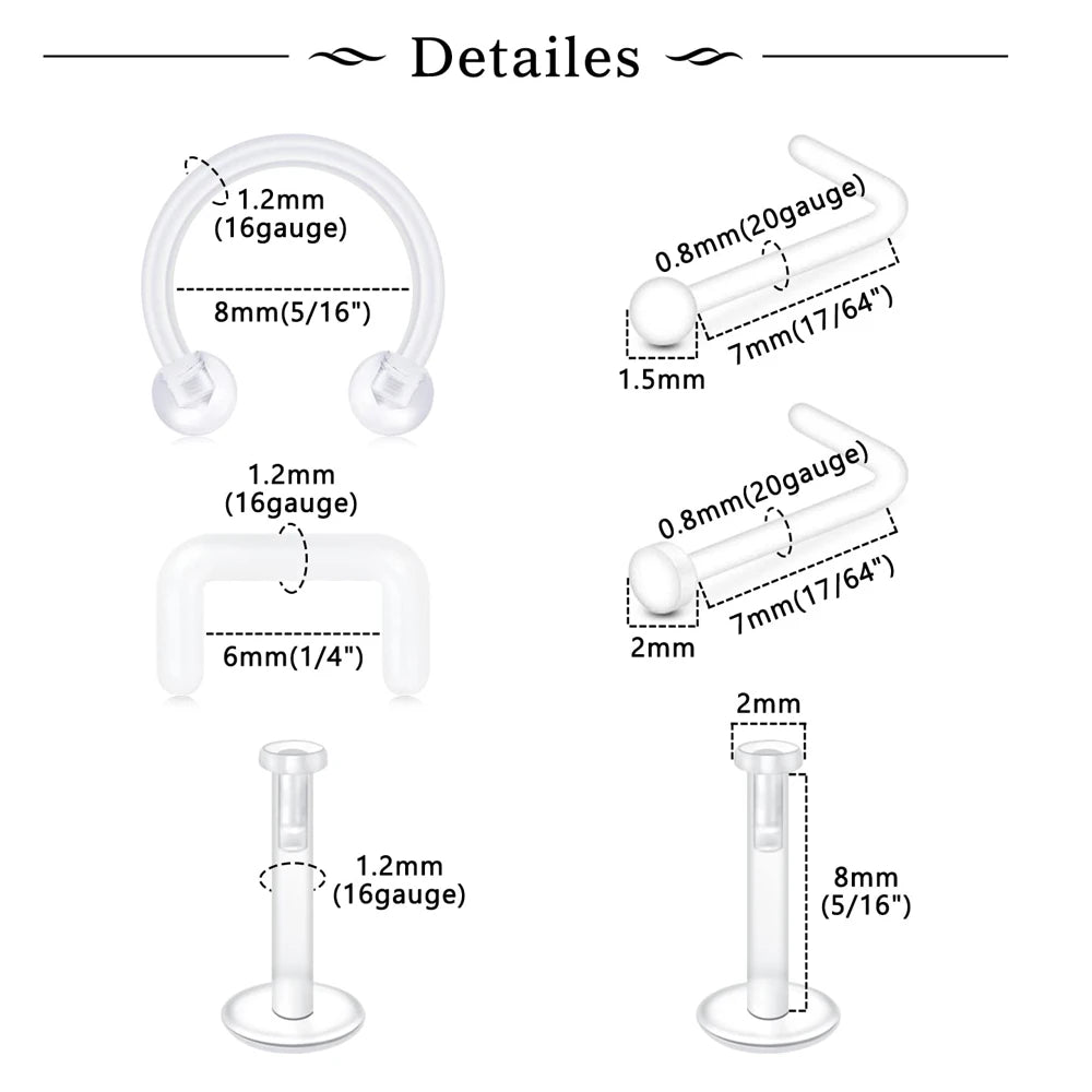 Clear Nose Rings & Studs - Plastic Piercing Retainers for Work, Sports & Healing