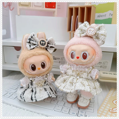 Labubu Doll Accessories — 17cm Luxury Woolen Shawl Suit & Skirt Set with Messenger Bag & Loafers