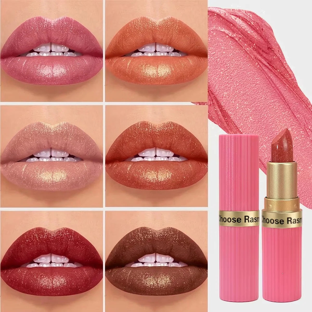 Pearlescent Pink Glitter Lipstick - Waterproof Long-Lasting Matte Metallic Shimmer Makeup